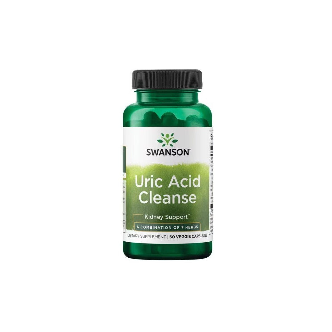 A bottle of Swanson Uric Acid Cleanse 60 Veggie Capsules, labeled for urinary tract support.