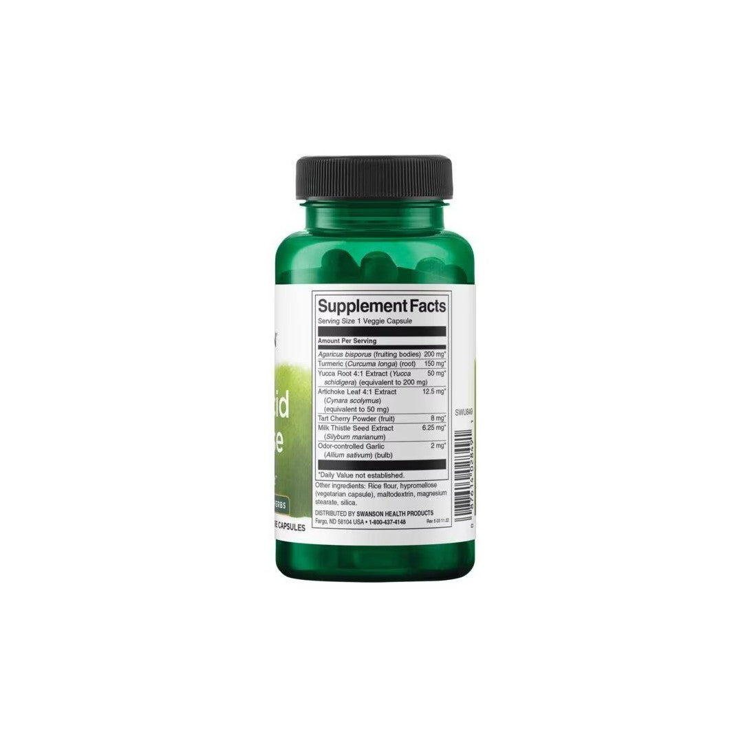 A Uric Acid Cleanse 60 Veggie Capsules bottle for urinary tract support displaying a label with nutritional information and ingredients by Swanson.