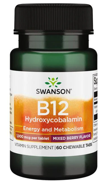 A bottle of Swanson Vitamin B-12 - 1000 mcg 60 tabs Hydroxycobalamin, known for its fast absorption and benefits to cardiovascular health.