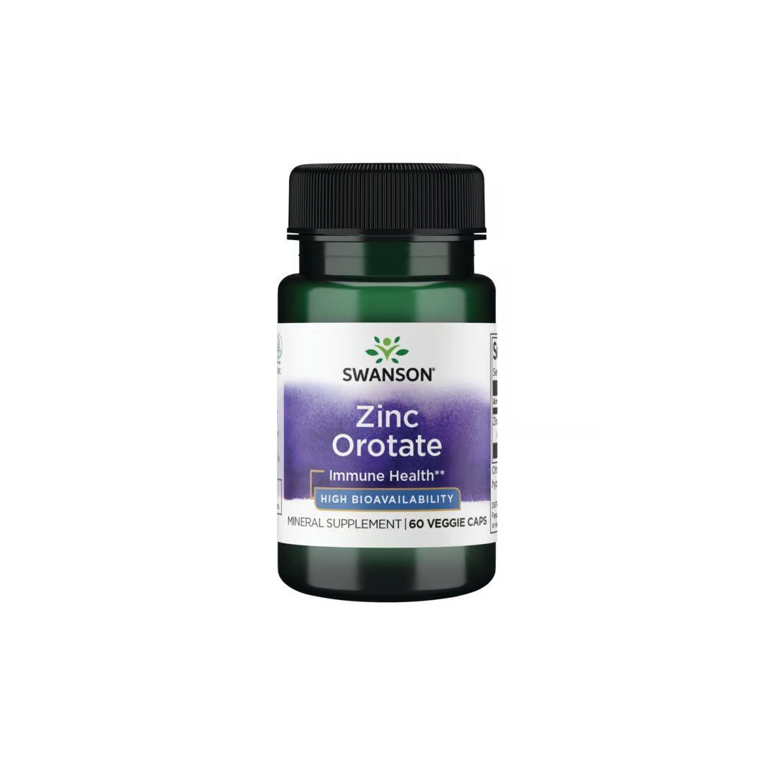 Swanson Zinc Orotate (10 mg) offers immune, skin, and metabolism support with high bioavailability. Comes in a dark green bottle containing 60 veggie capsules.