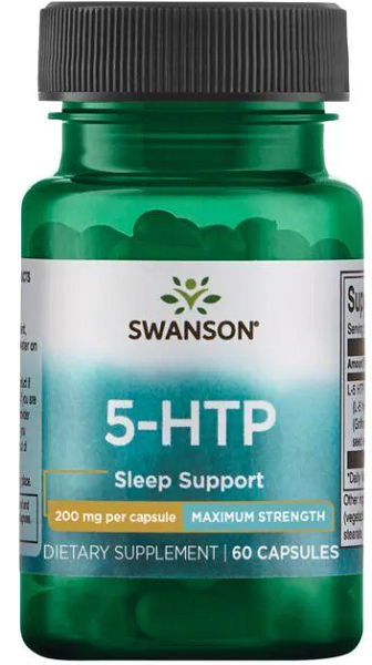 A bottle of Swanson 5-HTP Maximum Strength 200 mg 60 Capsules support.