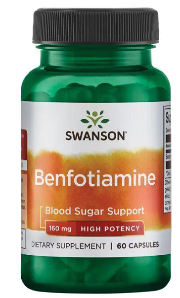 A bottle of Swanson Vitamin B-1 Benfotiamine - 160 mg 60 capsules, a dietary supplement that supports glucose metabolism and helps maintain healthy blood sugar levels.