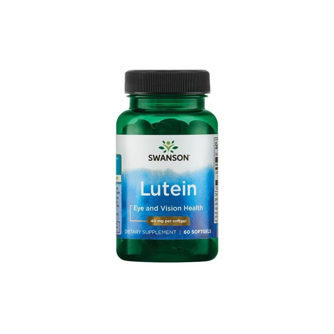 A green bottle of Swanson Lutein 40 mg 60 Softgels dietary supplement for eye and vision health, containing 60 softgels with 40 mg of natural antioxidant per softgel.