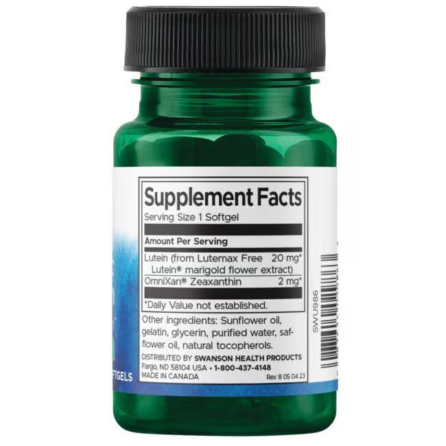 Swanson's Synergistic Eye Health 60 Softgels promote eye health with lutein and zeaxanthin. The green bottle lists ingredients, including non-active ones like sunflower oil and gelatin.