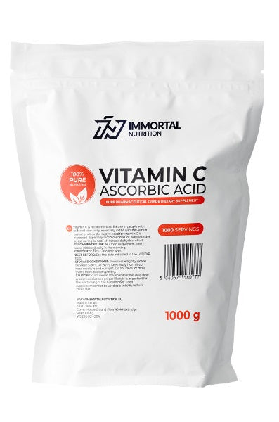 Immortal Nutrition's VITAMIN C 100% PURE 1000g L-ASCORBIC ACID, also known as ascorbic acid, is essential for maintaining a healthy immune system. It supports collagen production and overall wellness.