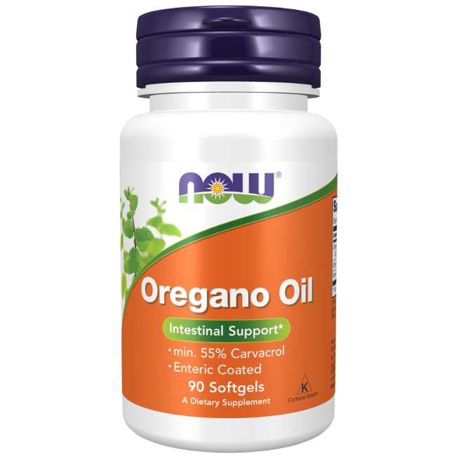 A bottle of Now Foods Oregano Oil 181 mg dietary supplements, labeled for intestinal support with 90 softgels, enteric coated.