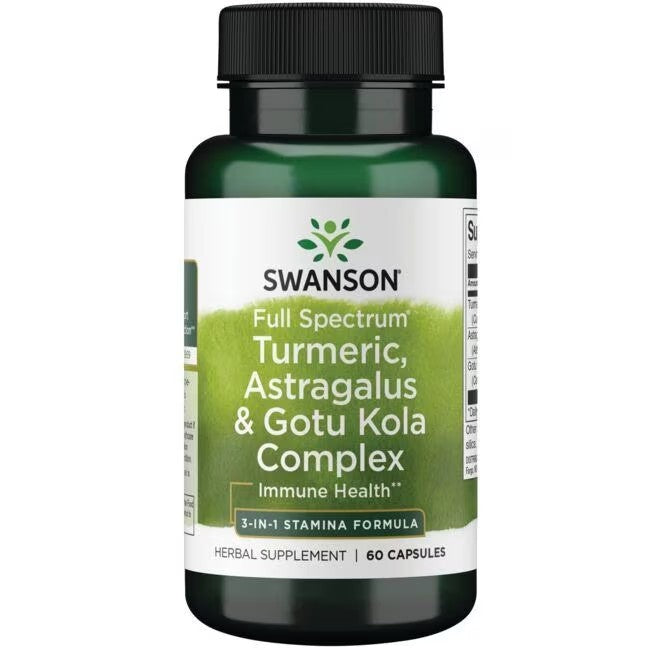 A bottle of Swanson Turmeric Astragalus & Gotu Kola Complex 60 Capsules, labeled as a 3-in-1 immune health formula.