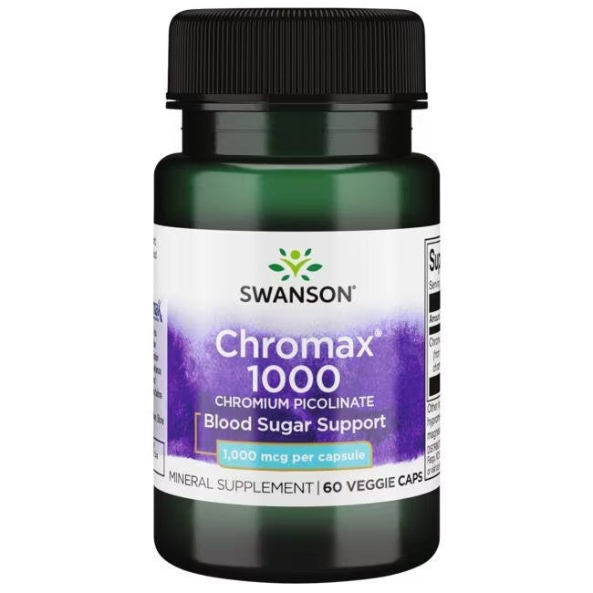 A bottle of Swanson Chromium Picolinate Chromax 1000 mcg dietary supplement, containing Chromium Picolinate for glucose metabolism support, with 60 veggie capsules.