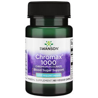 Thumbnail for A bottle of Swanson Chromium Picolinate Chromax 1000 mcg dietary supplement, containing Chromium Picolinate for glucose metabolism support, with 60 veggie capsules.