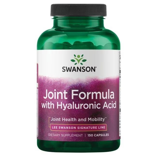 A green bottle labeled "Swanson Joint Formula with Hyaluronic Acid and Glucosamine HCI 150 Capsules" containing 150 capsules. Text on the label highlights "Joint Health and Mobility.