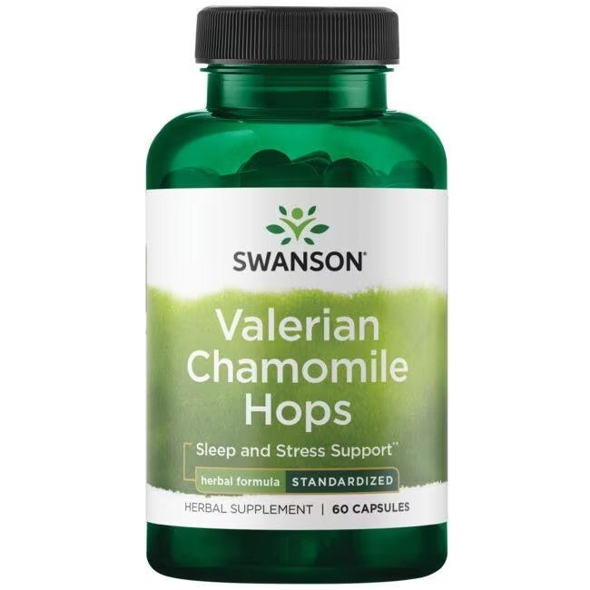 Bottle of Swanson Valerian Chamomile Hops dietary supplement with anti-inflammatory properties and 60 capsules to improve sleep quality.