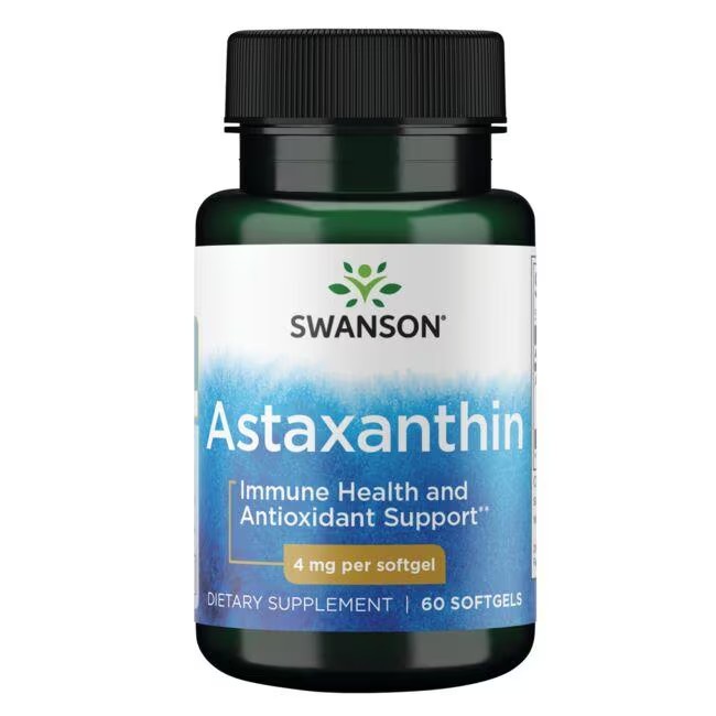 A bottle of Swanson Astaxanthin 4 mg 60 Softgels dietary supplement promotes immune system health and antioxidant support.