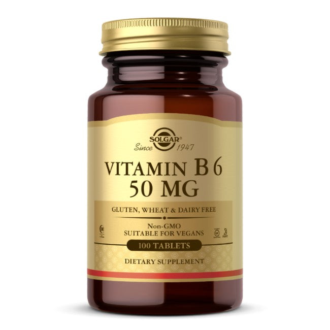 A brown bottle labeled "Solgar Vitamin B6 50 mg 100 Tablets," stating gluten, wheat, and dairy-free, non-GMO, suitable for vegans, contains 100 tablets. This dietary supplement supports metabolism and is excellent for maintaining a healthy immune system.