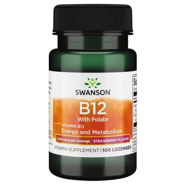 Bottle of Swanson Vitamin B12 1000mcg with Folate 665mcg dietary supplements, strawberry flavor, supporting cardiovascular health, containing 100 lozenges.