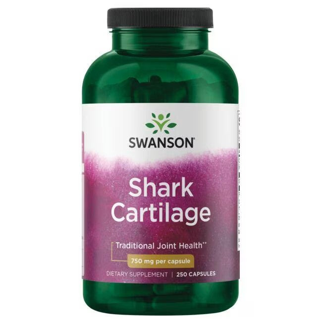 A green bottle labeled "Swanson Shark Cartilage 750 mg 250 Capsules" for traditional joint health support and immune system benefits.
