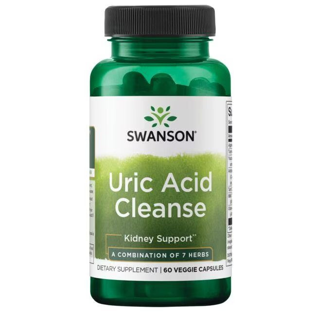 A bottle of Swanson Uric Acid Cleanse 60 Veggie Capsules containing 60 veggie capsules, labeled for kidney support with a combination of 7 herbs.