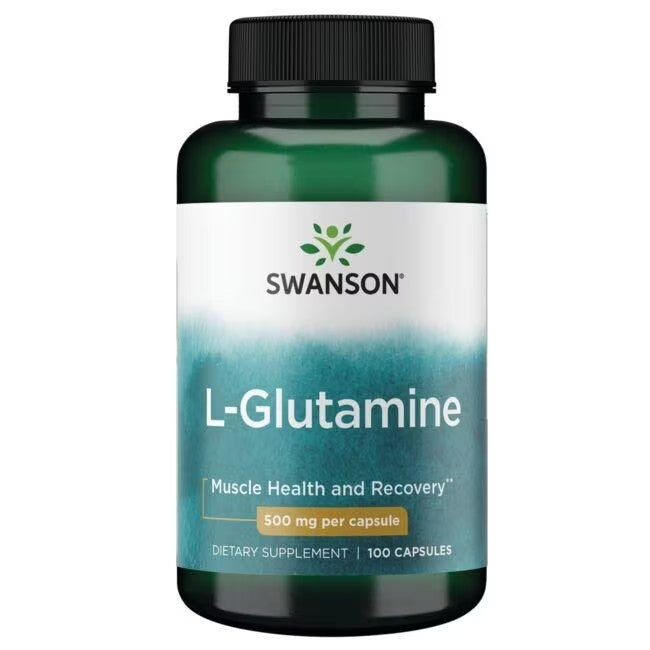 A bottle of Swanson L-Glutamine 500 mg 100 Capsules with a label that states it aids in muscle health, recovery, and immune system support.