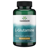 Thumbnail for A bottle of Swanson L-Glutamine 500 mg 100 Capsules with a label that states it aids in muscle health, recovery, and immune system support.