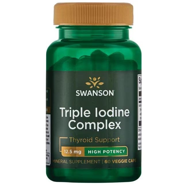 Bottle of Swanson Triple Iodine Complex High Potency 12,5 mg 60 Veggie Capsules dietary supplement for thyroid function support.