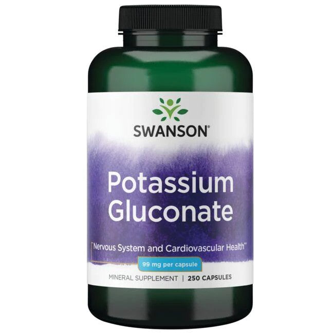 Bottle of Swanson Potassium Gluconate 99 mg 250 Capsules dietary supplement for heart health.