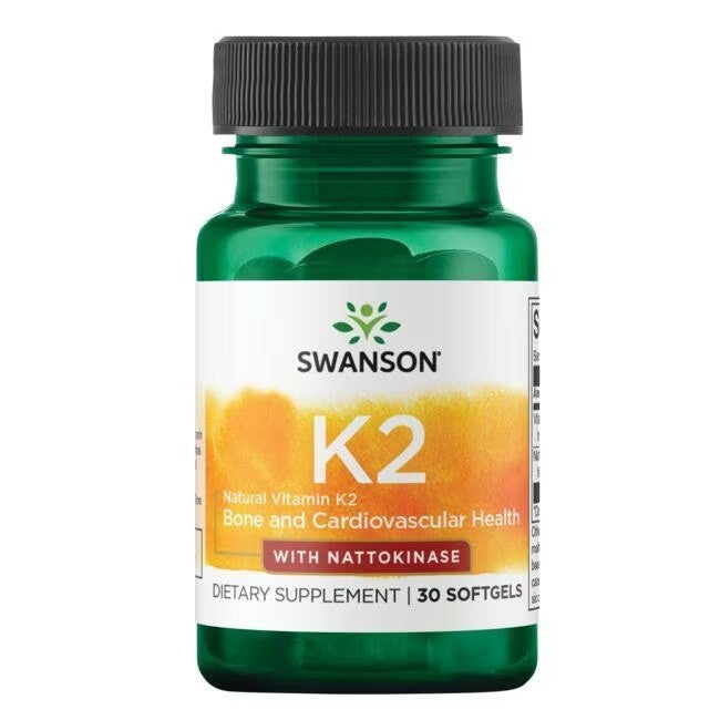 A bottle of Swanson Vitamin K2 50 mcg - with Nattokinase 100 mg 30 Softgels, for bone and cardiac health.