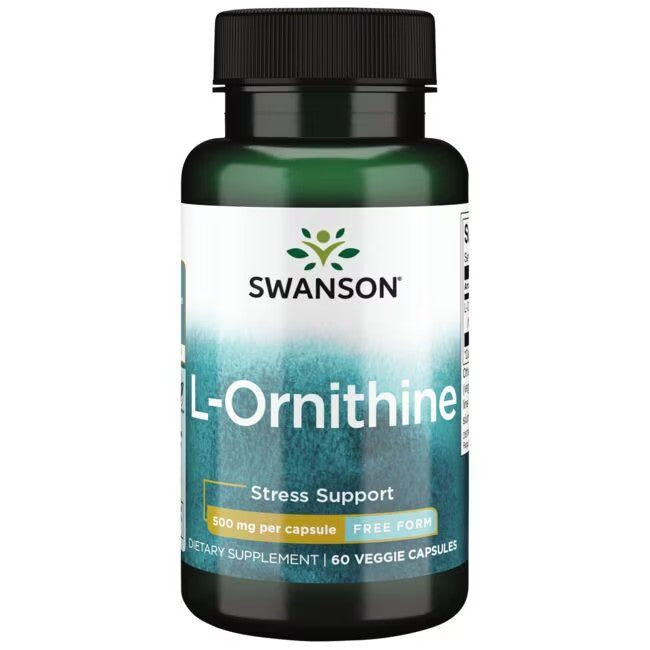 A bottle of Swanson L-Ornithine 500 mg 60 Veggie Capsules, labeled as mental health boost.