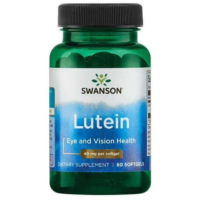A green bottle labeled "Swanson Lutein 40 mg 60 Softgels" for eye and vision health, each containing 40 mg of this natural antioxidant per softgel.