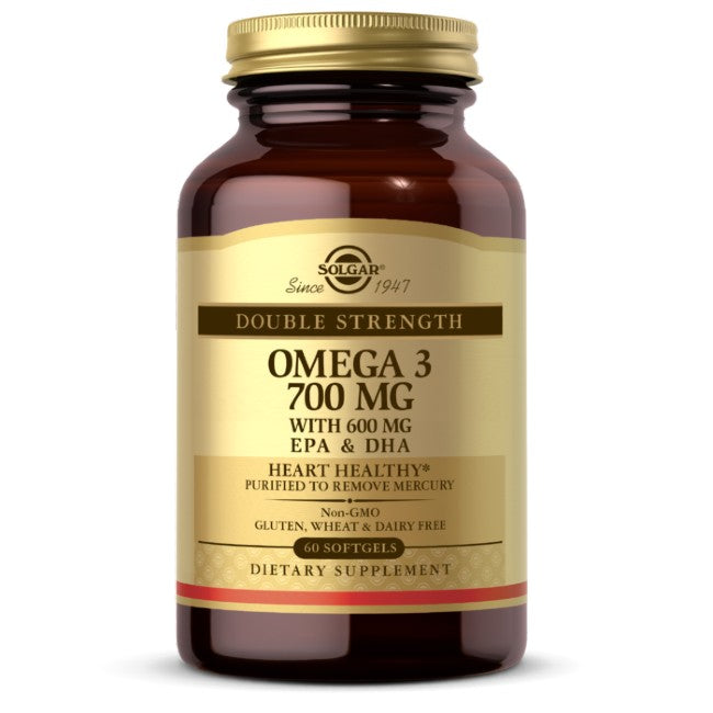 A bottle of **Solgar Double Strength Omega-3 700 mg 60 Softgels**, promoting heart health and cognitive function, and free from gluten, wheat, and dairy.