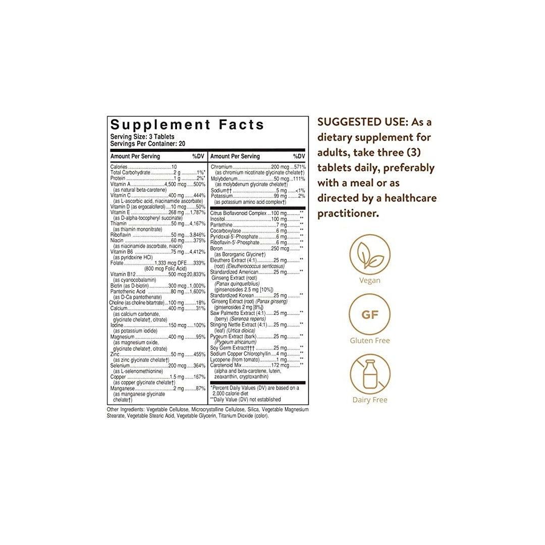 A label showing the ingredients of Solgar's Male Multiple Multivitamins & Minerals for Men 180 Tablets supplement.