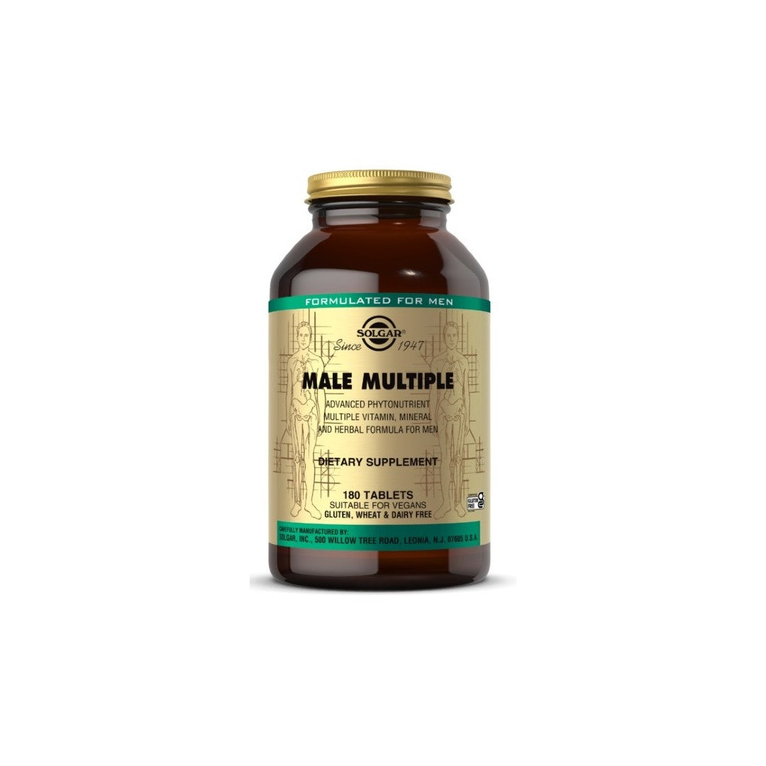 A bottle of Solgar Male Multiple Multivitamins & Minerals for Men 180 Tablets on a white background.