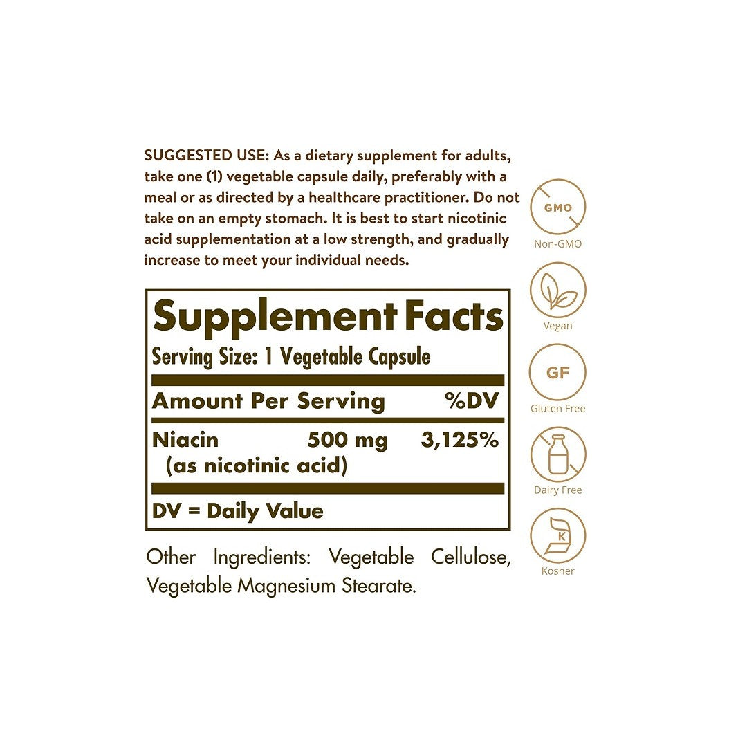 A Solgar label showing the ingredients of Niacin Vitamin B3 500 mg 100 Vegetable Capsules, a supplement promoting cardiovascular health.