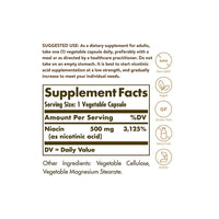 Thumbnail for A Solgar label showing the ingredients of Niacin Vitamin B3 500 mg 100 Vegetable Capsules, a supplement promoting cardiovascular health.