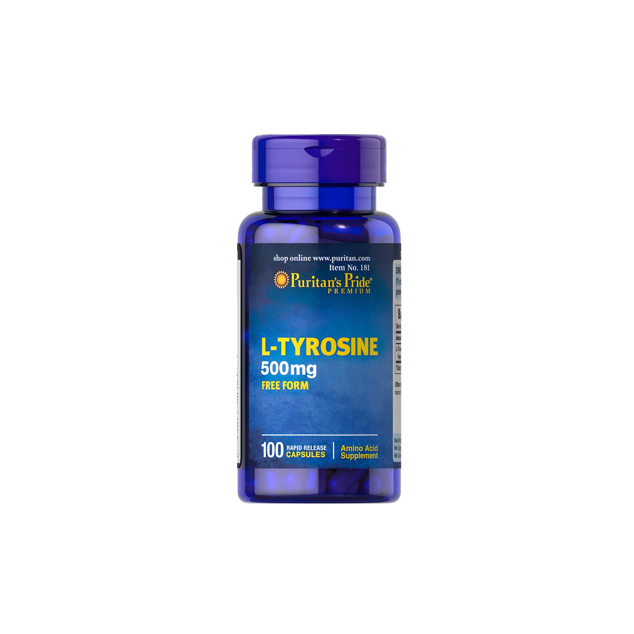 L-Tyrosine 500 mg Free form 100 Rapid Release Caps - front