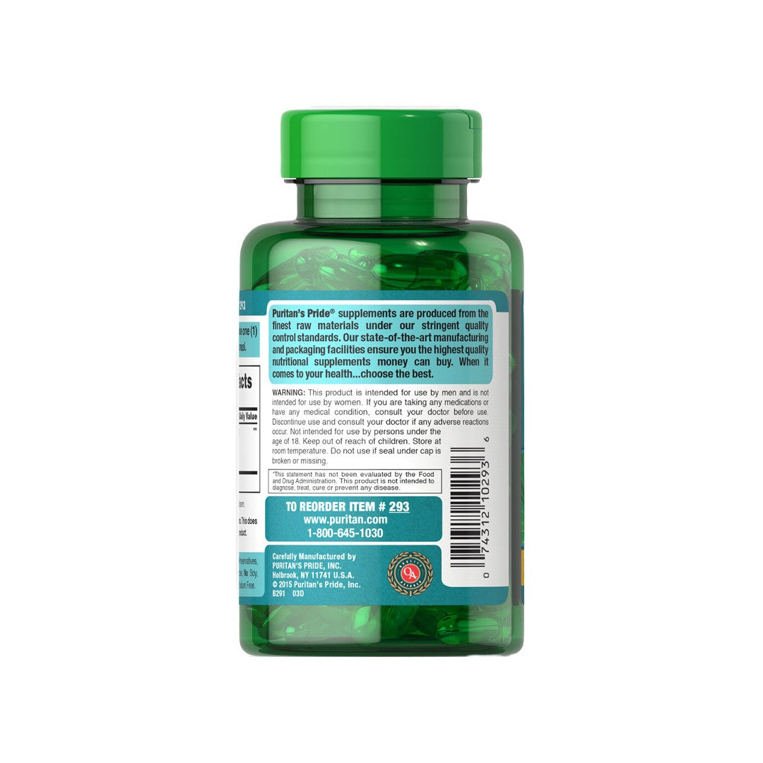 The back of a bottle of Puritan's Pride Saw Palmetto 320 mg 60 Rapid Release Softgels, promoting urinary tract flow and prostate health.