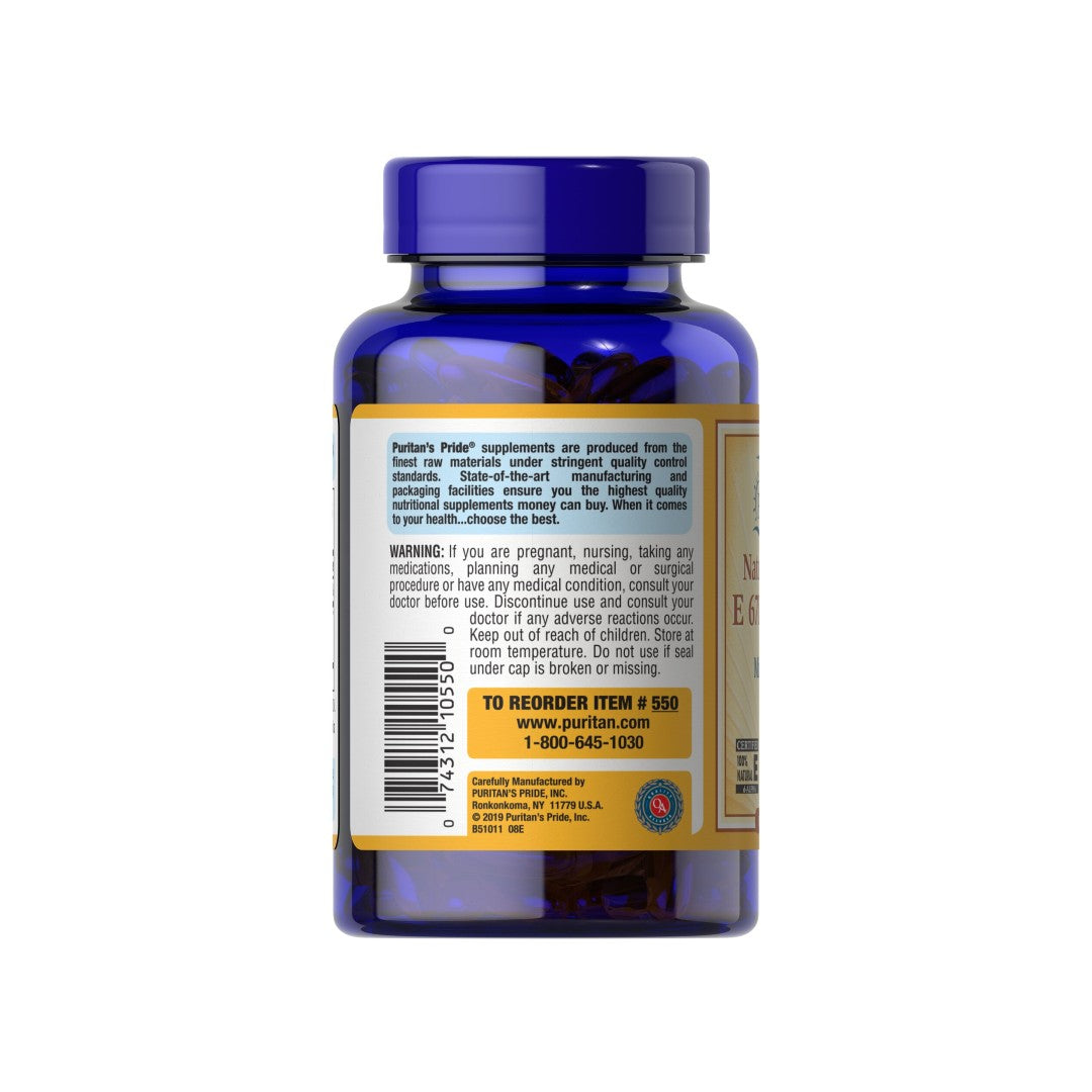 The back of a bottle of Vitamin E 1000 IU Mixed Tocopherols 100 Rapid Release Softgels by Puritan's Pride offering antioxidant support and promoting cardiovascular health.