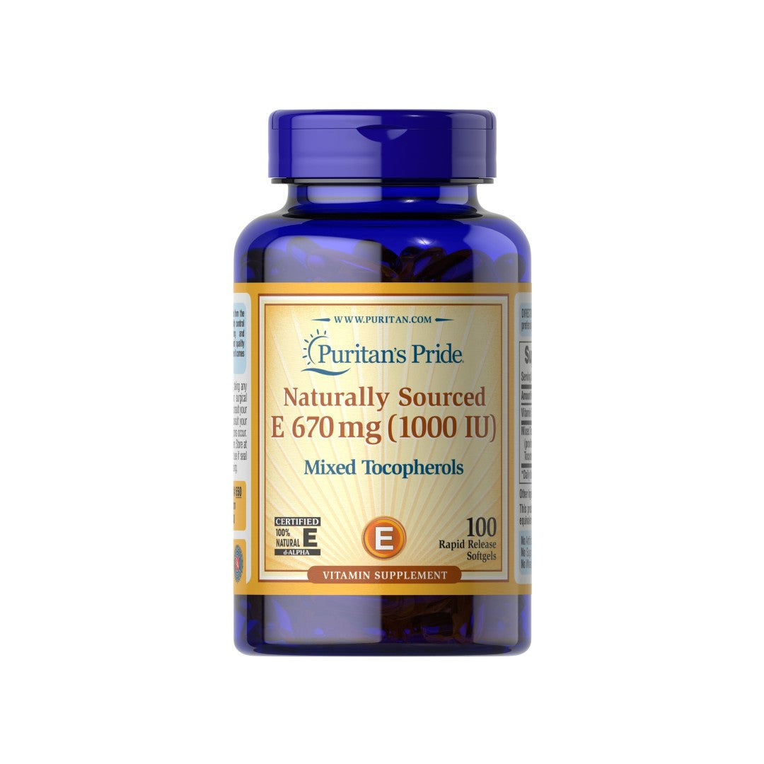 A bottle of Puritan's Pride Vitamin E 1000 IU Mixed Tocopherols 100 Rapid Release Softgels, providing antioxidant support for cardiovascular health and protecting against free radical damage.