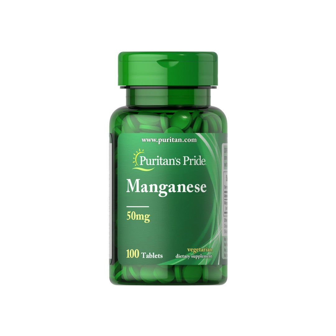 A bottle of Puritan's Pride Manganese 50 mg 100 tabs.
