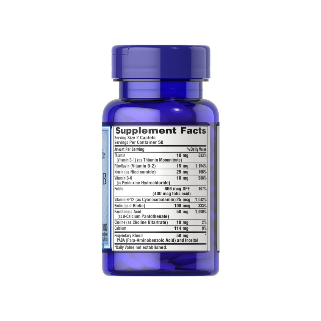 A bottle of Puritan's Pride Complete Vitamin B, B-Complex - 100 Caplets with a label on it.