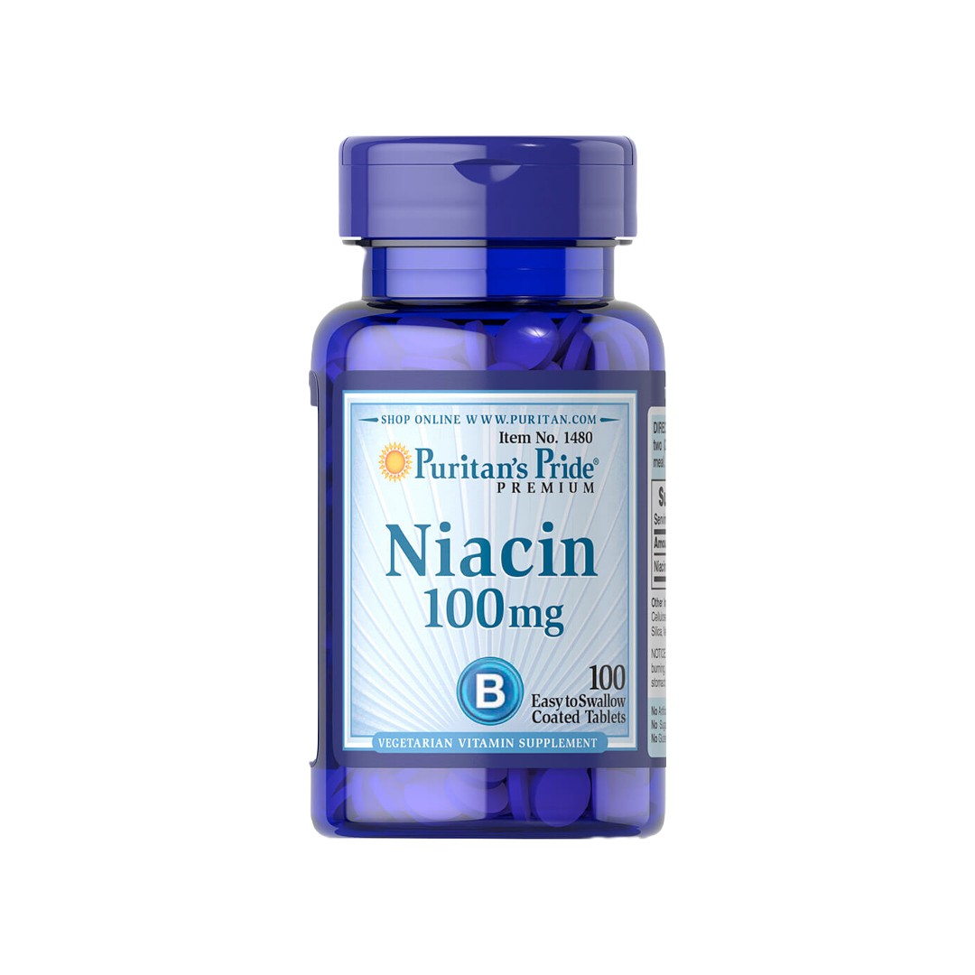 This Puritan's Pride Vitamin B-3 Niacin 100 mg 100 Tablets bottle supports nervous system health and energy metabolism.