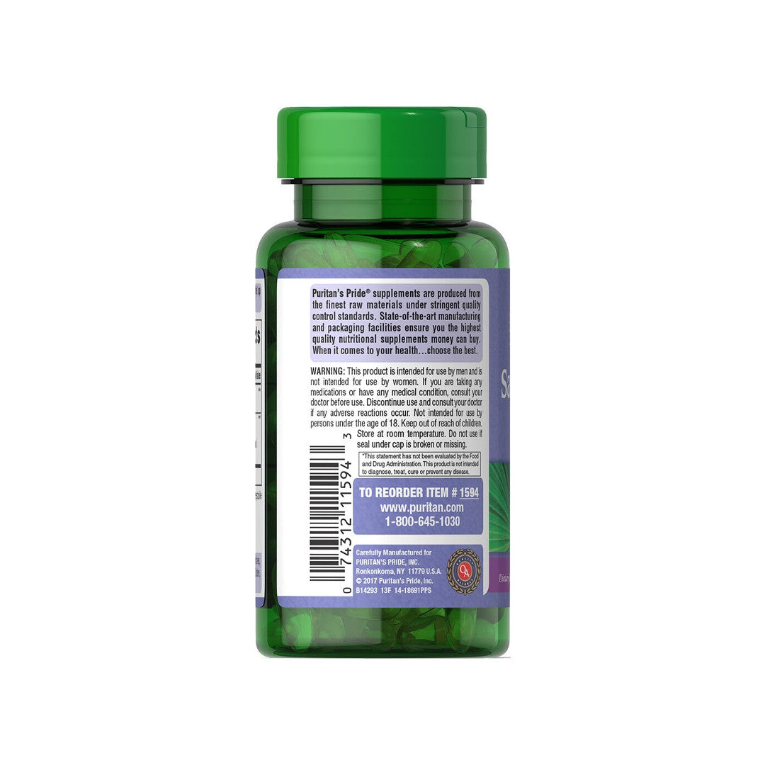 The back of a bottle of Puritan's Pride Saw Palmetto Extract 1000 mg 90 Softgels, promoting urinary function and prostate health with the inclusion of saw palmetto extract.