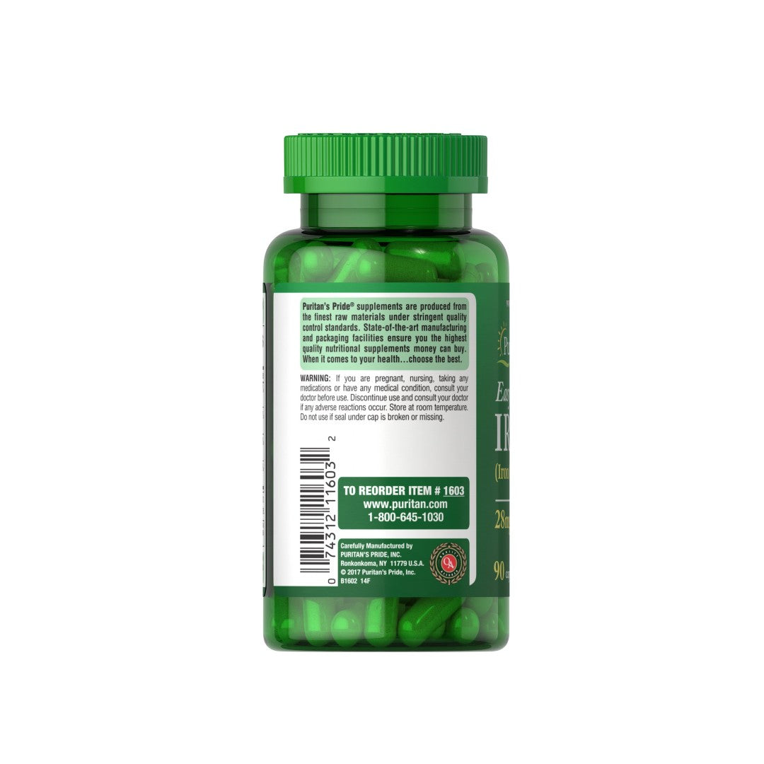 A bottle of Easy Iron 28 mg 90 caps Iron Glycinate capsules by Puritan's Pride on a white background.