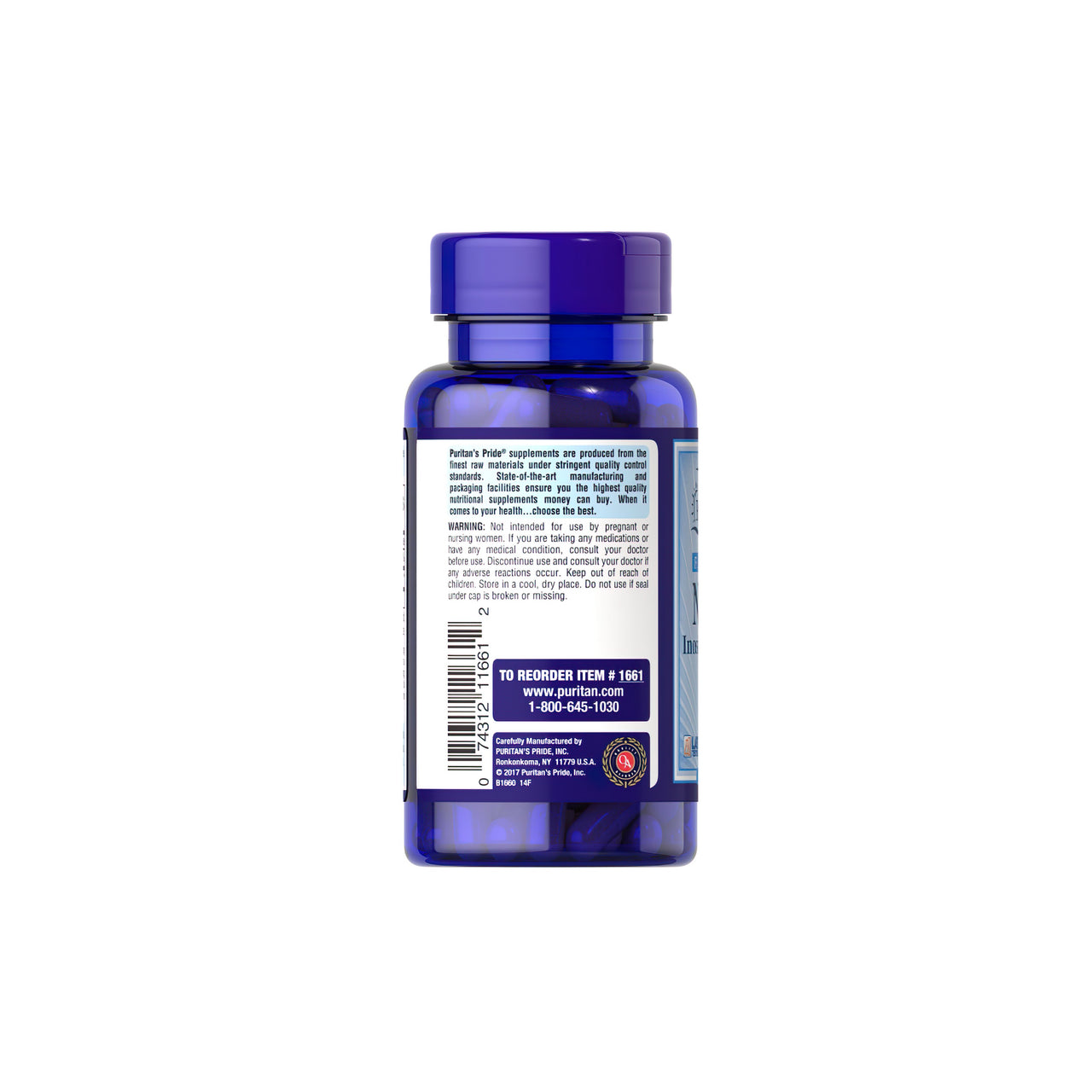 The back of a bottle of Vitamin B-3 Niacin Flush Free 500 mg 100 Rapid Release Capsules, highlighting its benefits for cardiovascular wellness and heart health. (Brand: Puritan's Pride)