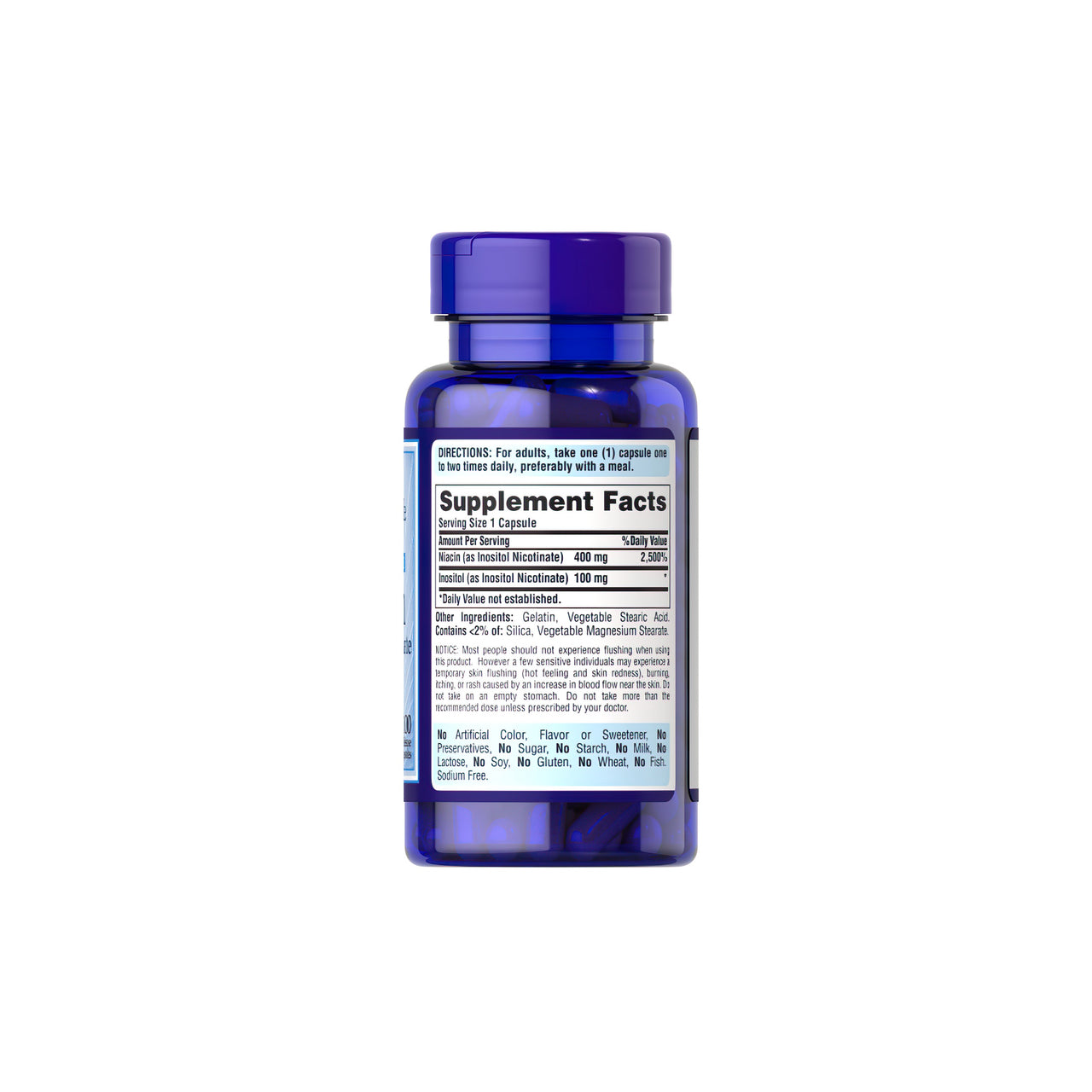 A bottle of Puritan's Pride Vitamin B-3 Niacin Flush Free 500 mg 100 Rapid Release Capsules cardiovascular wellness supplement.