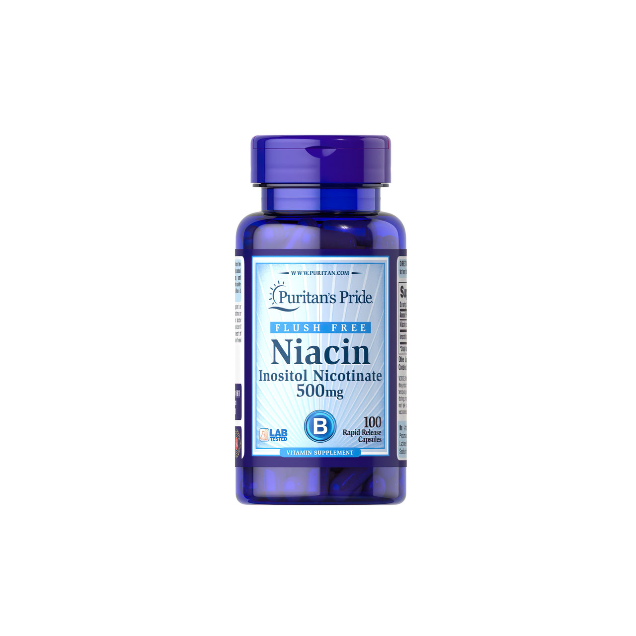 Vitamin B-3 Niacin Flush Free 500 mg 100 Rapid Release Capsules - front