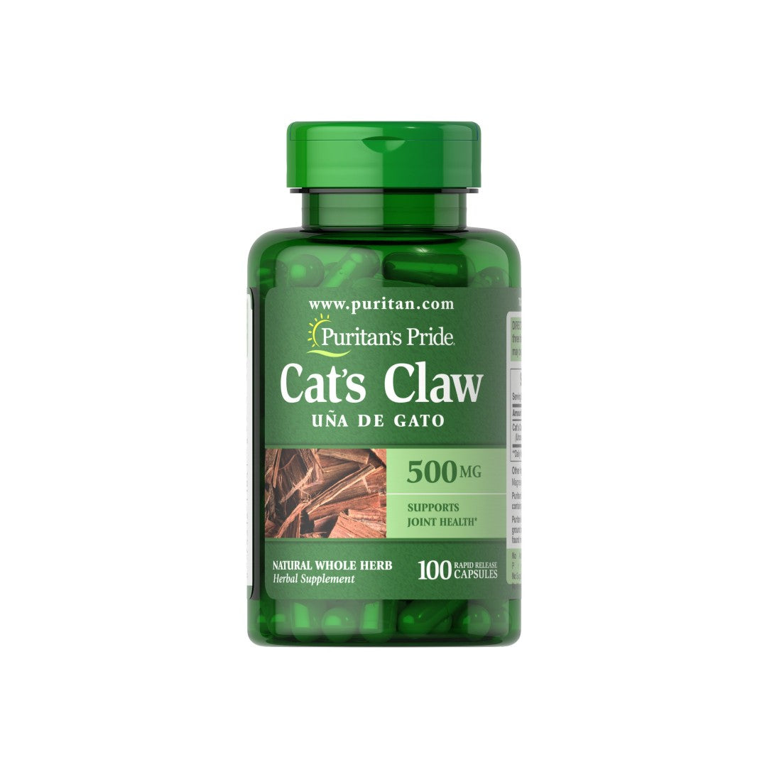 A bottle of Puritan's Pride Cats Claw - 500 mg 100 capsules.