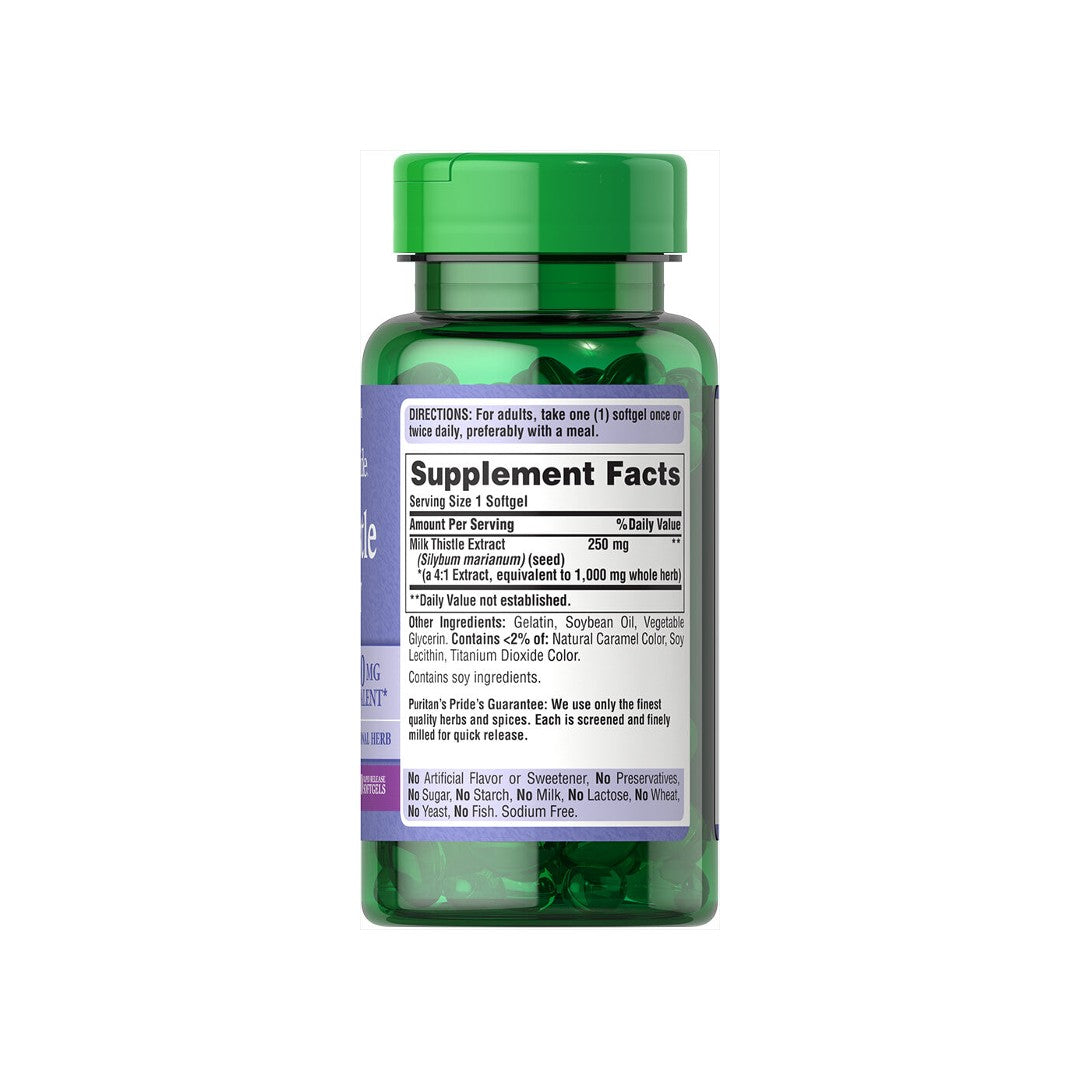 A bottle of Puritan's Pride Milk Thistle 1000 mg 4:1 extract Silymarin 90 Rapid Release Softgels supplement.
