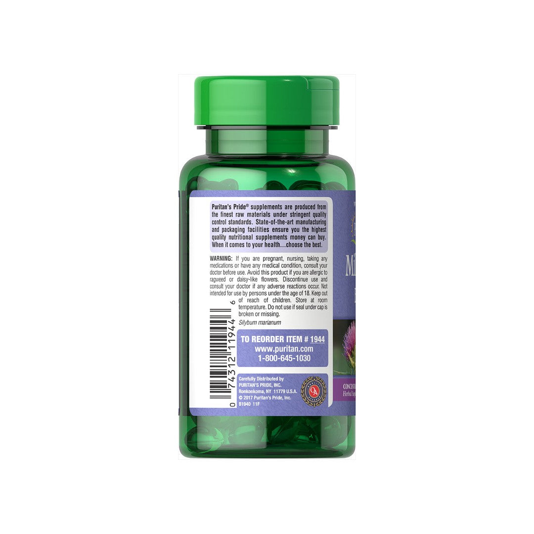 The back of a bottle of Puritan's Pride Milk Thistle 1000 mg 4:1 extract Silymarin 90 Rapid Release Softgels.