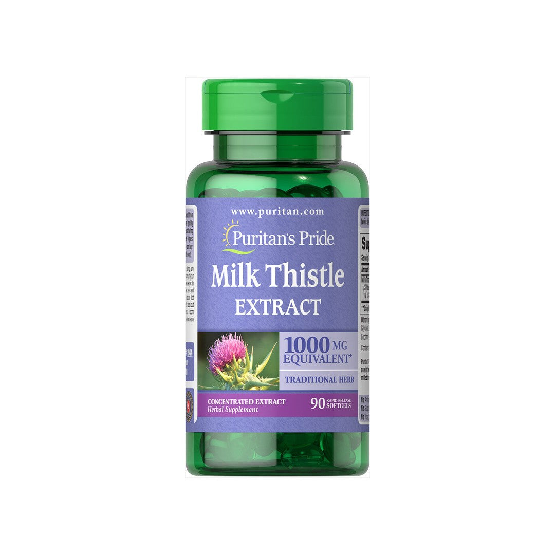 A bottle of Puritan's Pride Milk Thistle 1000 mg 4:1 extract Silymarin 90 Rapid Release Softgels.