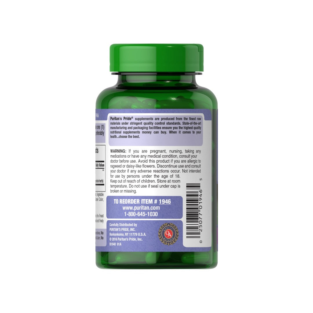 The back of a bottle of Puritan's Pride Milk Thistle 1000 mg 4:1 extract Silymarin 180 Rapid Release Softgels.