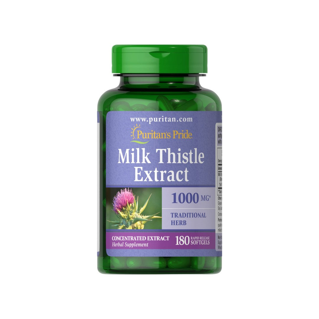 A bottle of Puritan's Pride Milk Thistle 1000 mg 4:1 extract Silymarin 180 Rapid Release Softgels.